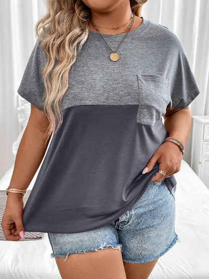 Plus Size Summer Casual Colorblock Batwing Sleeve T-Shirt Graphic Tees Women Tops