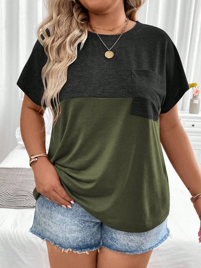 Plus Size Summer Casual Colorblock Batwing Sleeve T-Shirt Graphic Tees Women Tops