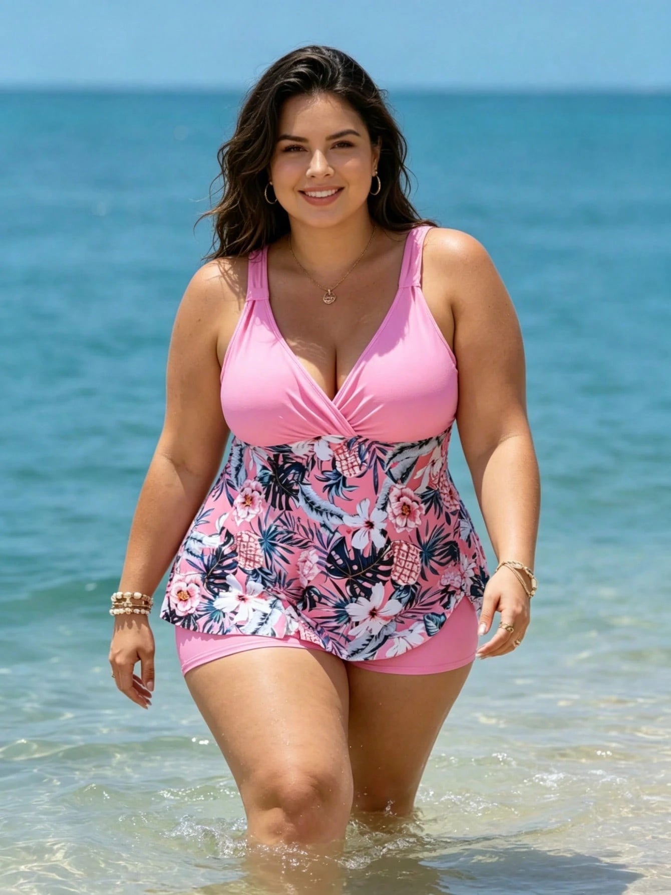 Plus Size Tropical Floral Print Tankini Top And Boyshorts Set Comfortable Swimsuit For Women, Sleeveless Tank Vest Neckline Elegant Bathing Suit With Medium Stretch Fabric