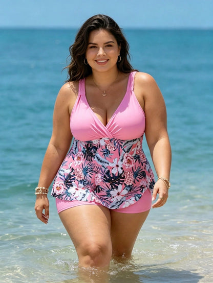 Plus Size Tropical Floral Print Tankini Top And Boyshorts Set Comfortable Swimsuit For Women, Sleeveless Tank Vest Neckline Elegant Bathing Suit With Medium Stretch Fabric