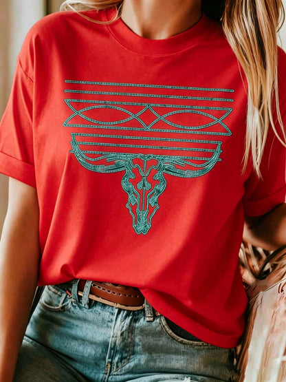 Plus Size Women Clothes, Turquoise Western Steer Skull & Geometric Line Print, 220g 100% Cotton Casual Printed T-Shirt
