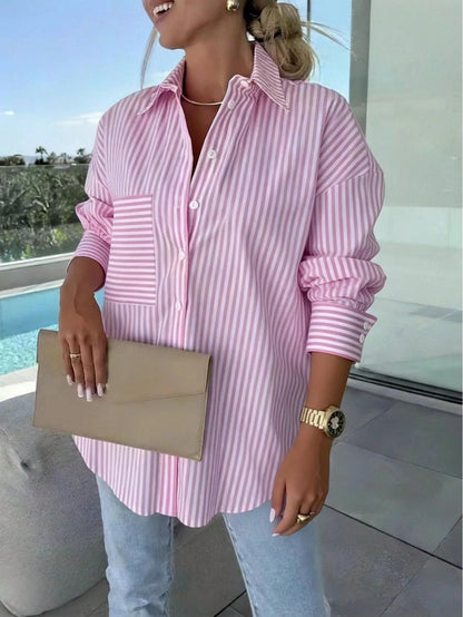 Plus Size Women Fashion Lapel Loose Long Sleeve Striped Casual Shirt Spring