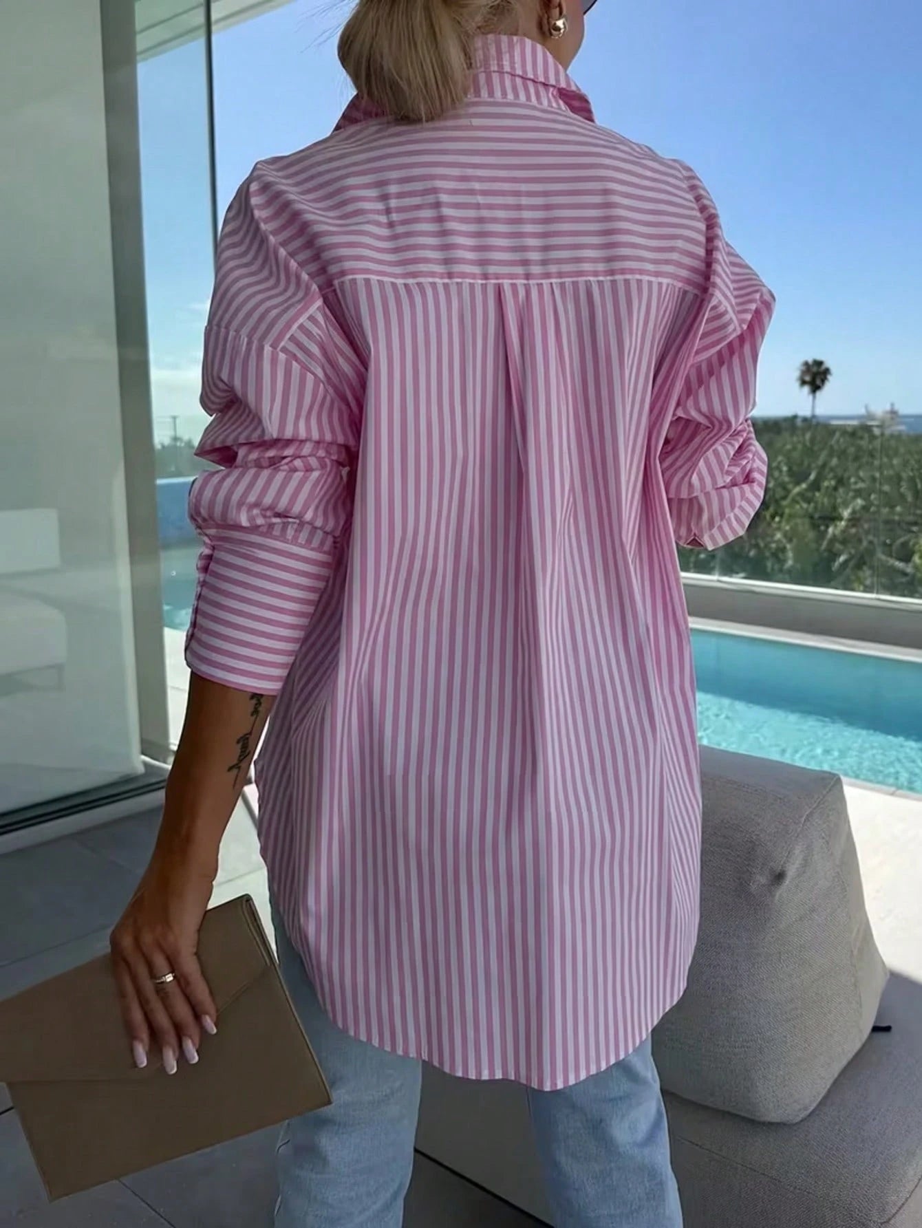 Plus Size Women Fashion Lapel Loose Long Sleeve Striped Casual Shirt Spring