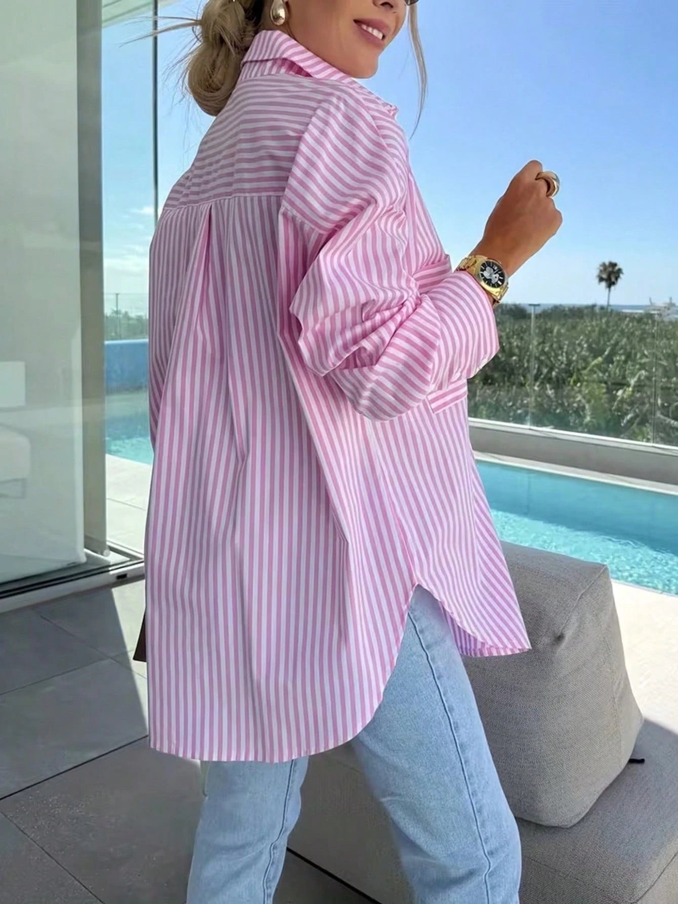 Plus Size Women Fashion Lapel Loose Long Sleeve Striped Casual Shirt Spring
