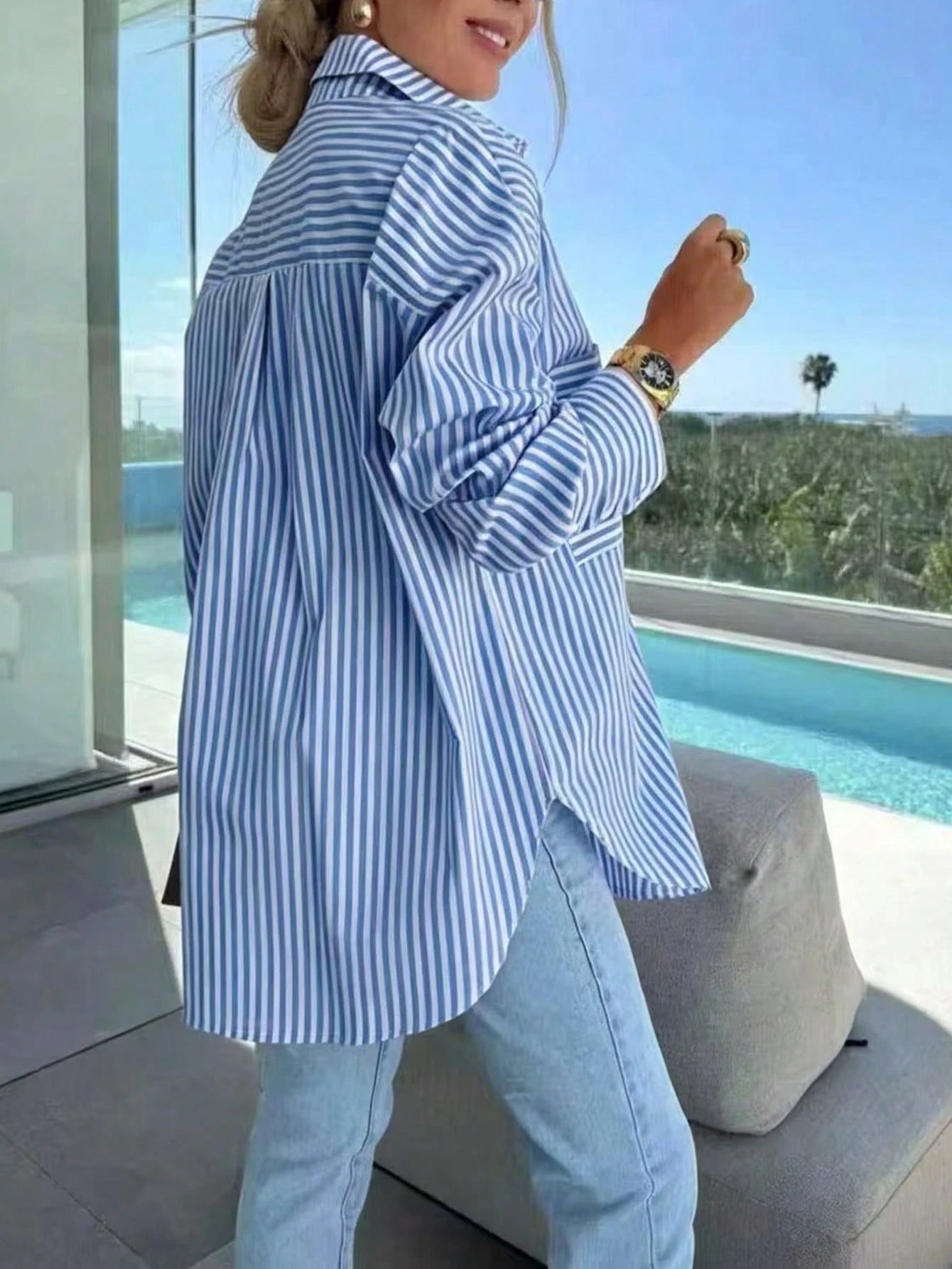 Plus Size Women Fashion Lapel Loose Long Sleeve Striped Casual Shirt Spring