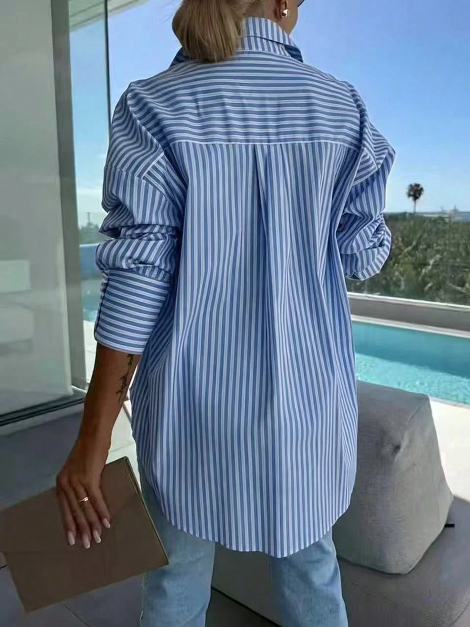 Plus Size Women Fashion Lapel Loose Long Sleeve Striped Casual Shirt Spring