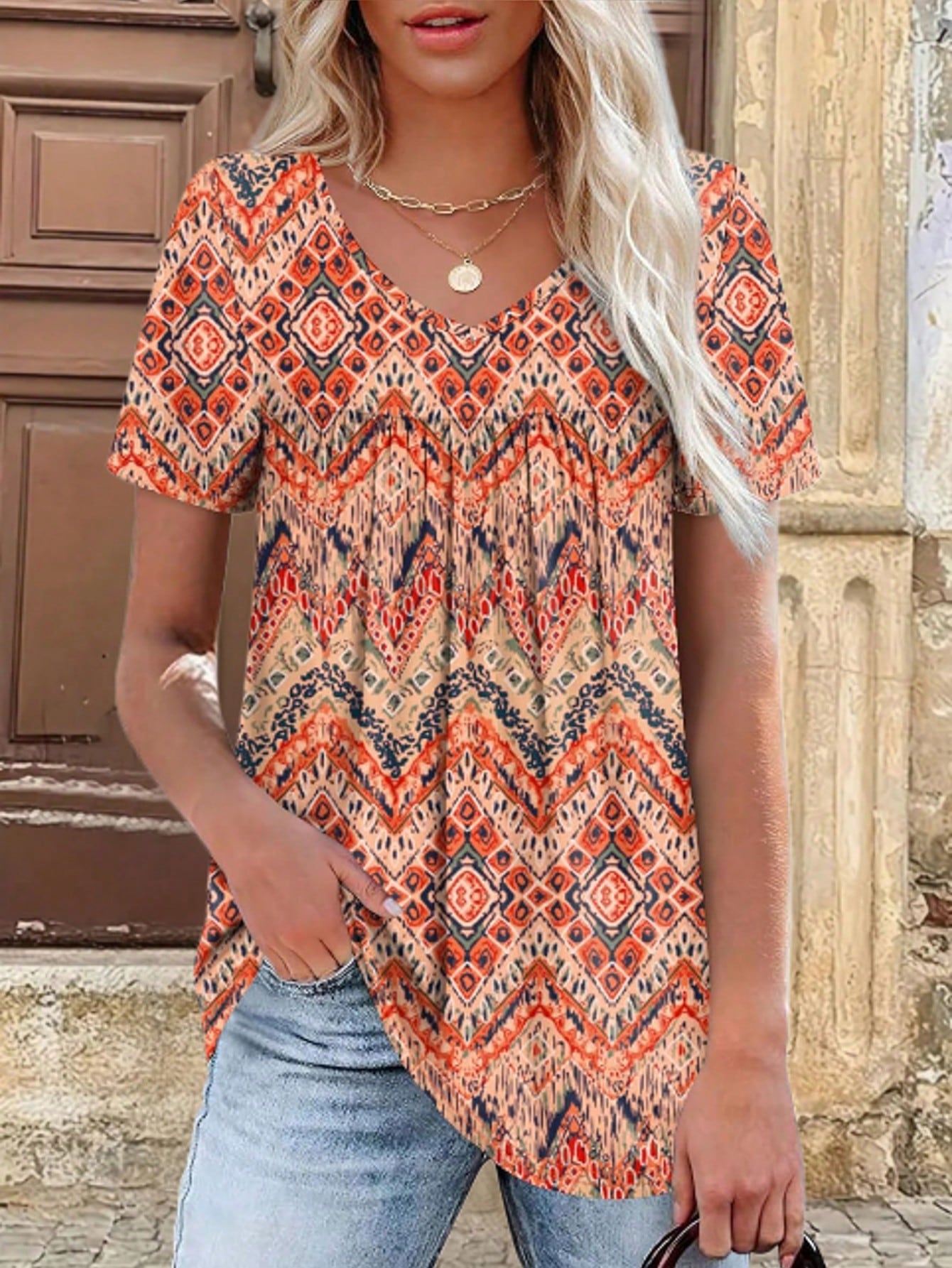 Plus Size Women Fashion V-Neck Short Sleeve Printed T-Shirt Casual Summer