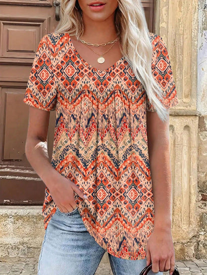 Plus Size Women Fashion V-Neck Short Sleeve Printed T-Shirt Casual Summer
