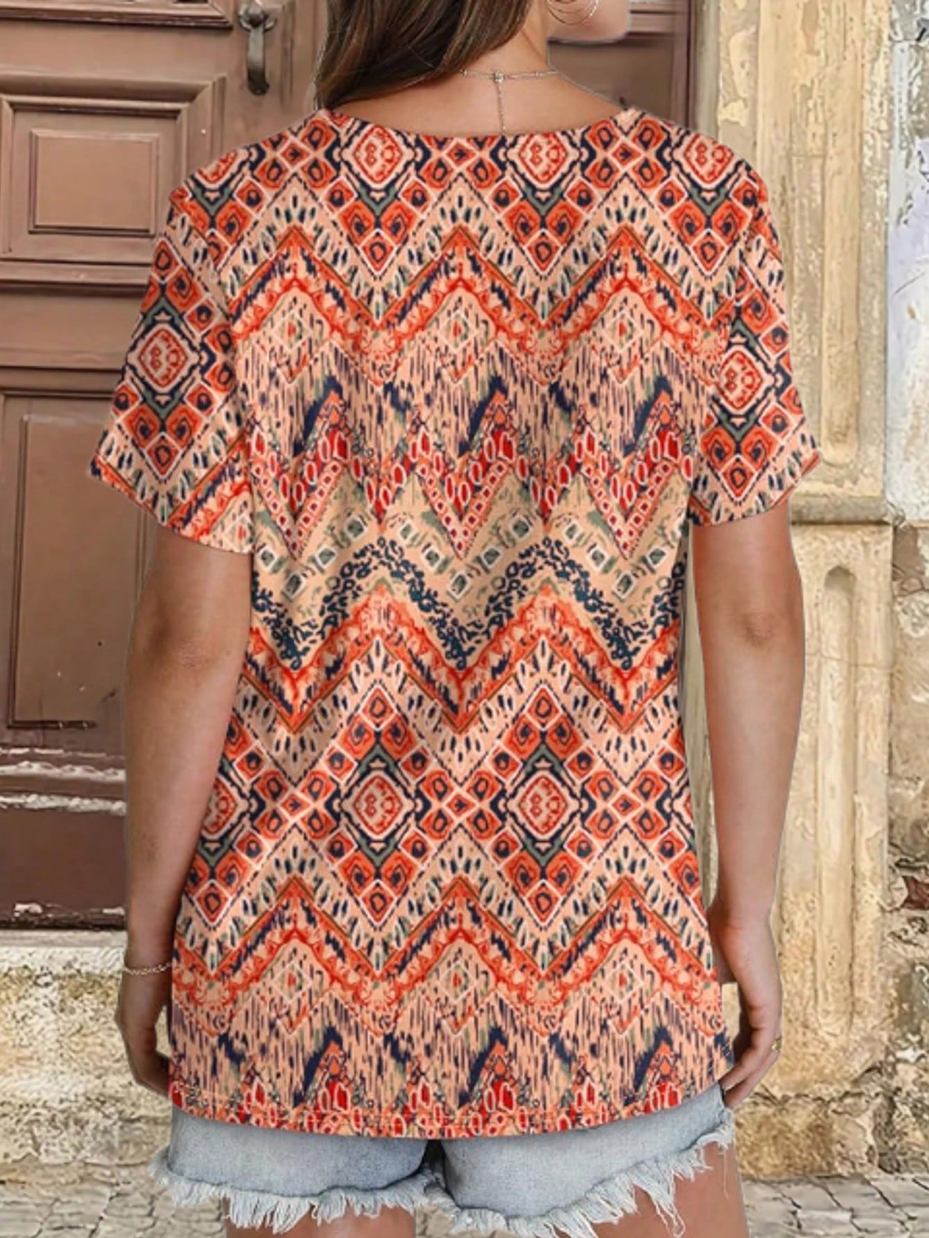 Plus Size Women Fashion V-Neck Short Sleeve Printed T-Shirt Casual Summer