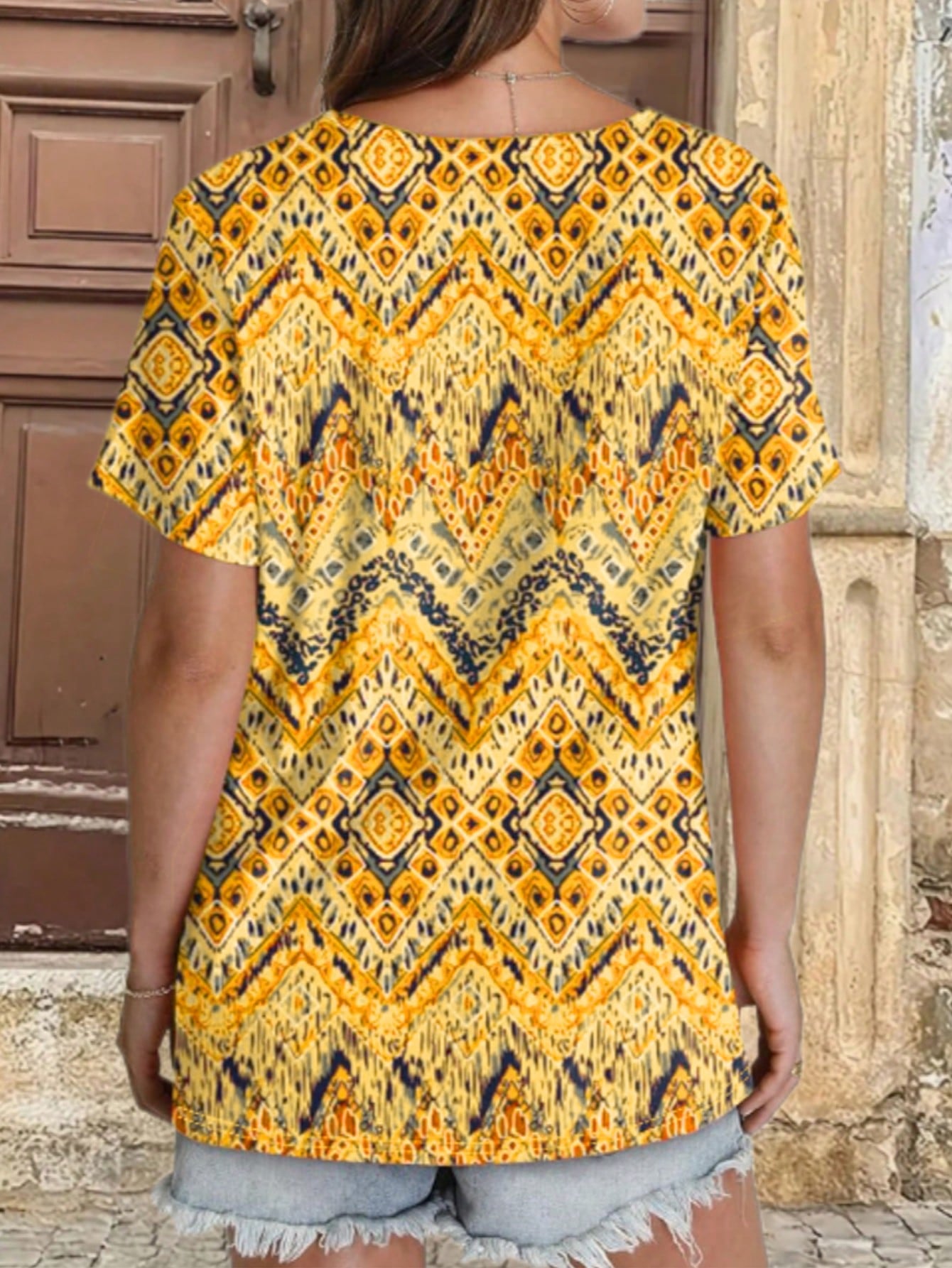 Plus Size Women Fashion V-Neck Short Sleeve Printed T-Shirt Casual Summer