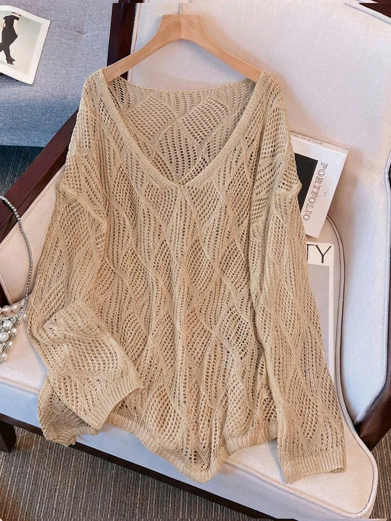 Plus Size Women Loose Knit Cover Up, V-Neck Hollow Rhombus Design, Lightweight Breathable Cover Up For Beach & Holiday Vacation Summer