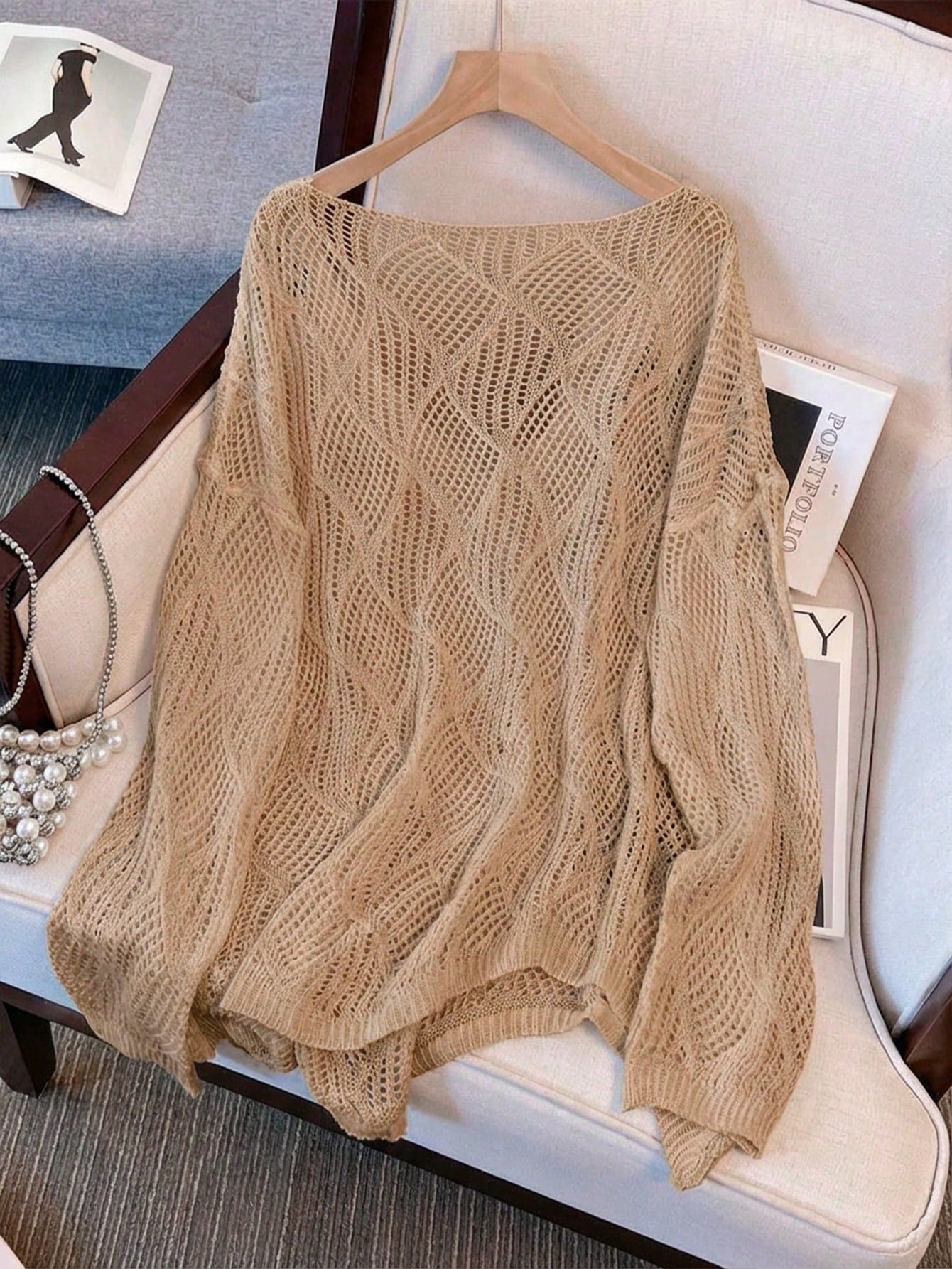 Plus Size Women Loose Knit Cover Up, V-Neck Hollow Rhombus Design, Lightweight Breathable Cover Up For Beach & Holiday Vacation Summer