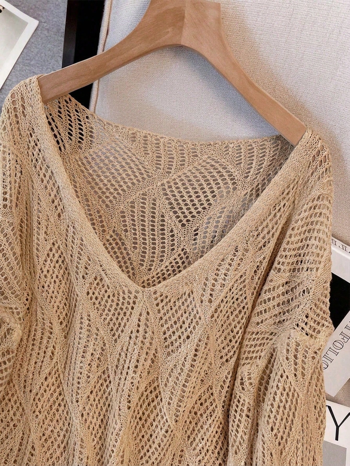 Plus Size Women Loose Knit Cover Up, V-Neck Hollow Rhombus Design, Lightweight Breathable Cover Up For Beach & Holiday Vacation Summer