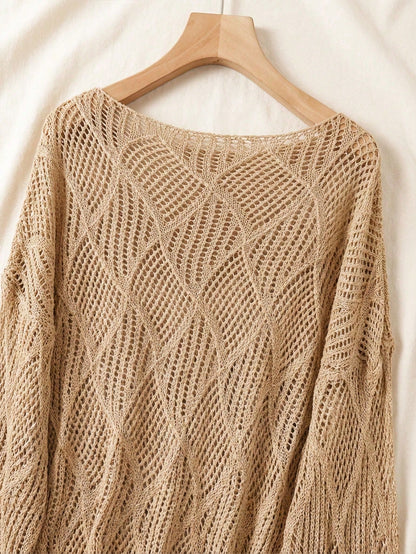 Plus Size Women Loose Knit Cover Up, V-Neck Hollow Rhombus Design, Lightweight Breathable Cover Up For Beach & Holiday Vacation Summer