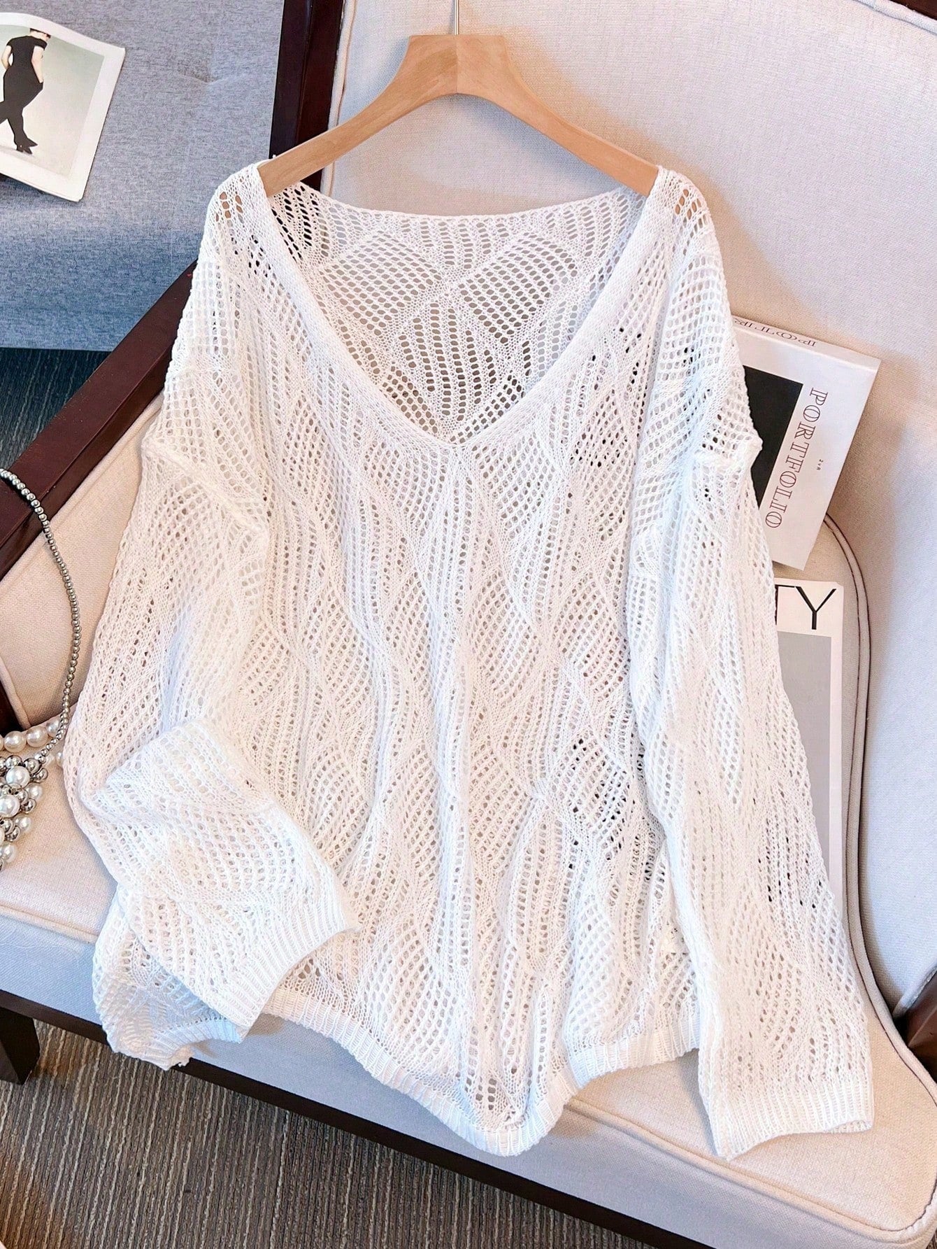 Plus Size Women Loose Knit Cover Up, V-Neck Hollow Rhombus Design, Lightweight Breathable Cover Up For Beach & Holiday Vacation Summer