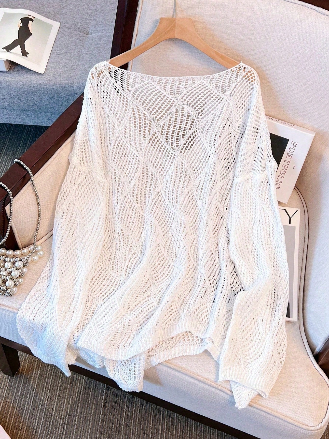 Plus Size Women Loose Knit Cover Up, V-Neck Hollow Rhombus Design, Lightweight Breathable Cover Up For Beach & Holiday Vacation Summer