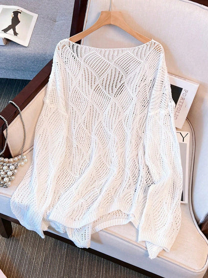 Plus Size Women Loose Knit Cover Up, V-Neck Hollow Rhombus Design, Lightweight Breathable Cover Up For Beach & Holiday Vacation Summer
