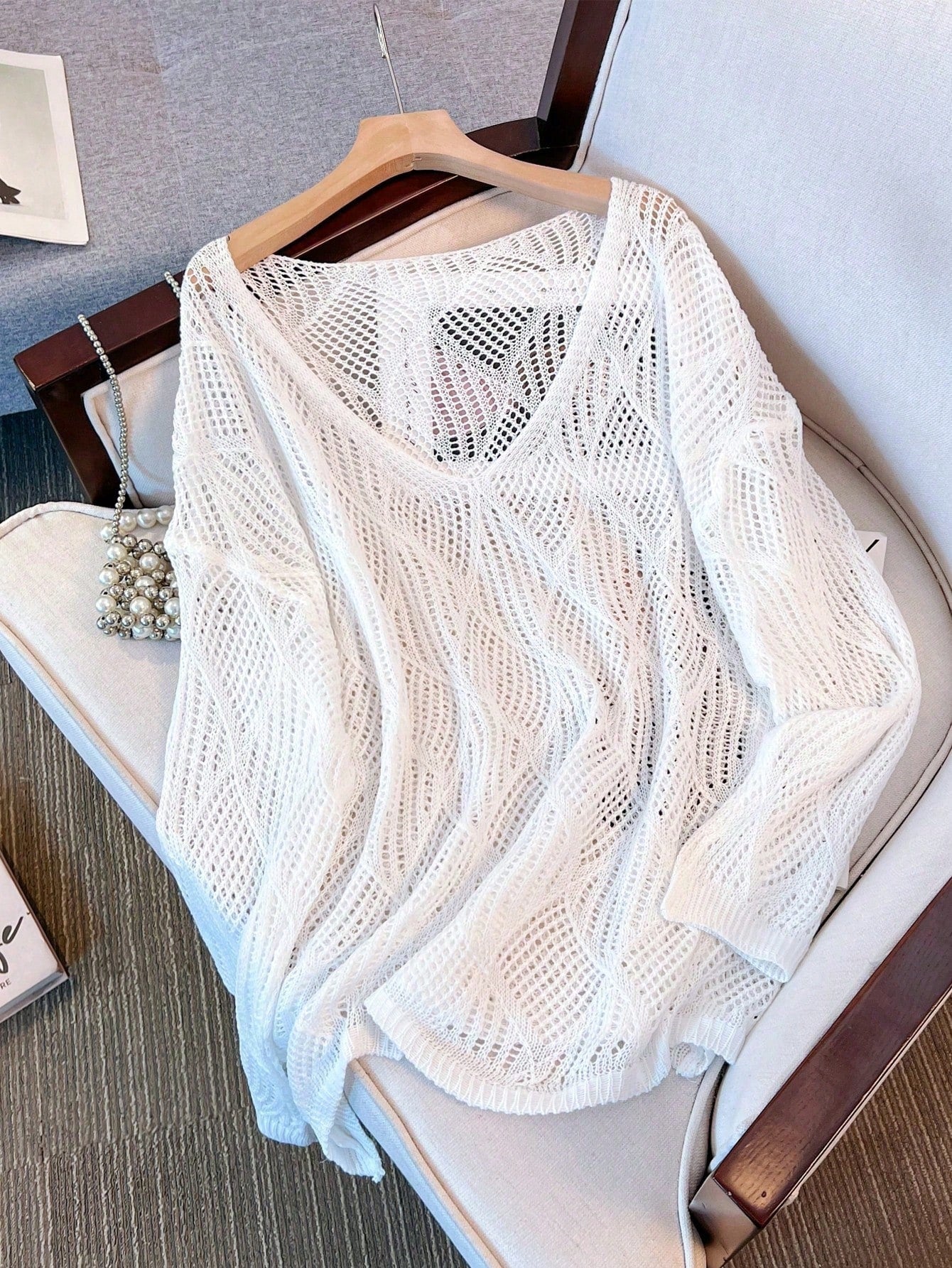 Plus Size Women Loose Knit Cover Up, V-Neck Hollow Rhombus Design, Lightweight Breathable Cover Up For Beach & Holiday Vacation Summer