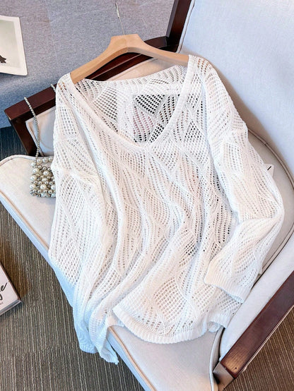 Plus Size Women Loose Knit Cover Up, V-Neck Hollow Rhombus Design, Lightweight Breathable Cover Up For Beach & Holiday Vacation Summer