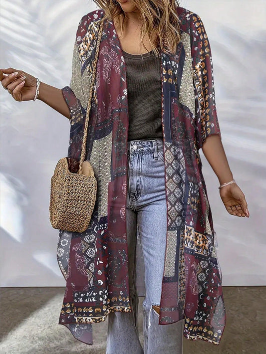 Plus Size Women's Bohemian Style Casual Beach Vacation Sun Protection Cover-Up Red