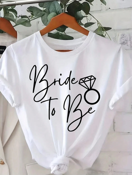 Plus Size Women's Casual Bride-To-Be Print Crew Neck T-Shirt Loose Fit Flattering Short Sleeve Top