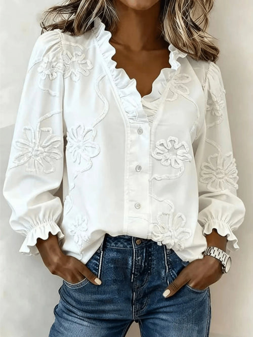 Plus Size Women's Floral Embroidered Ruffle Trim Blouse, V-Neck Puff Sleeve Button-Down Shirt