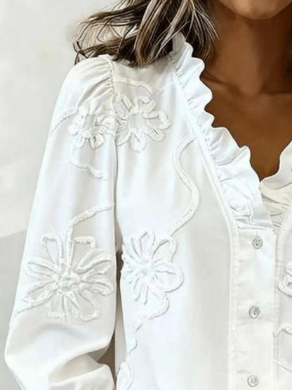Plus Size Women's Floral Embroidered Ruffle Trim Blouse, V-Neck Puff Sleeve Button-Down Shirt