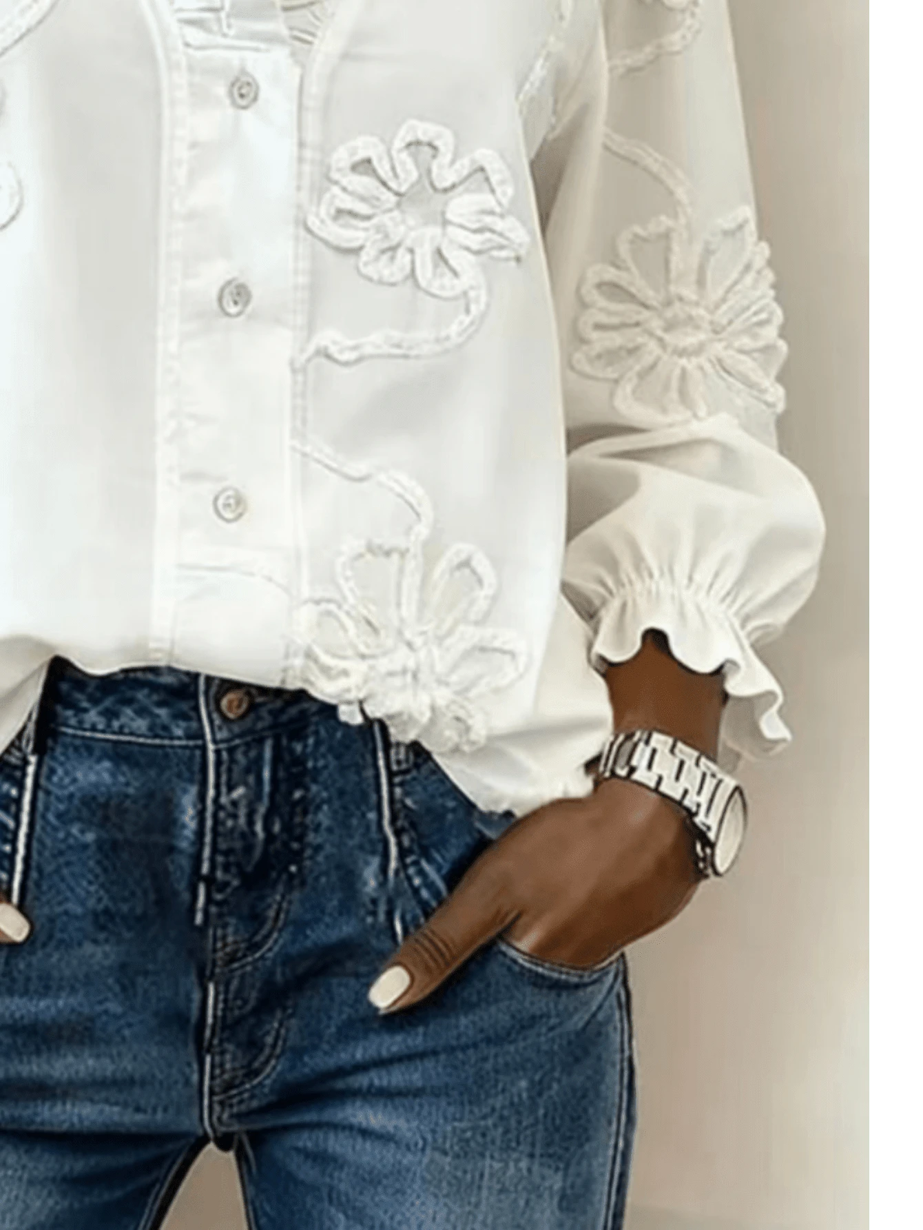 Plus Size Women's Floral Embroidered Ruffle Trim Blouse, V-Neck Puff Sleeve Button-Down Shirt