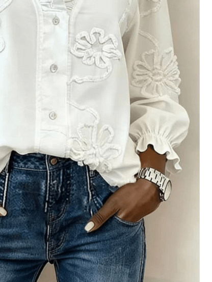 Plus Size Women's Floral Embroidered Ruffle Trim Blouse, V-Neck Puff Sleeve Button-Down Shirt