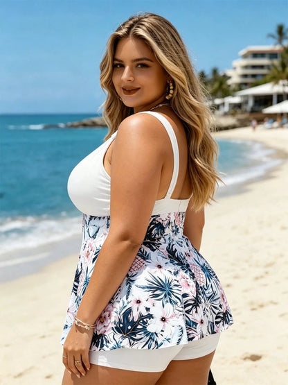Plus Size Women's Partial Print Two-Piece Swimsuit Fashionable Swimwear Beach Swimwear