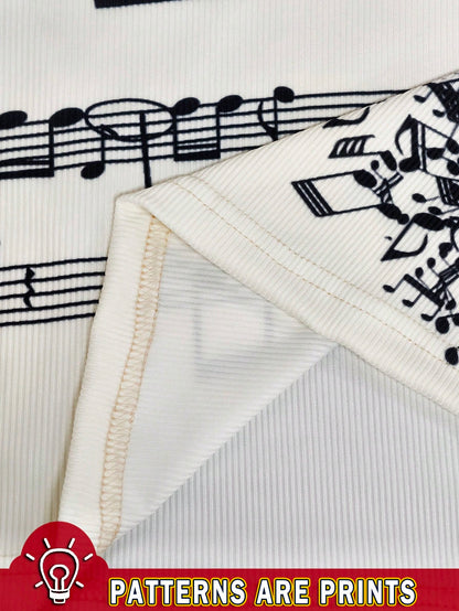 Plus Size Women's Retro Off-Shoulder Long-Sleeved Slim-Fit T-Shirt,Musical Note Print,Y2K Style Black And White,Autumn,Elegant,Rock And Roll,Everyday
