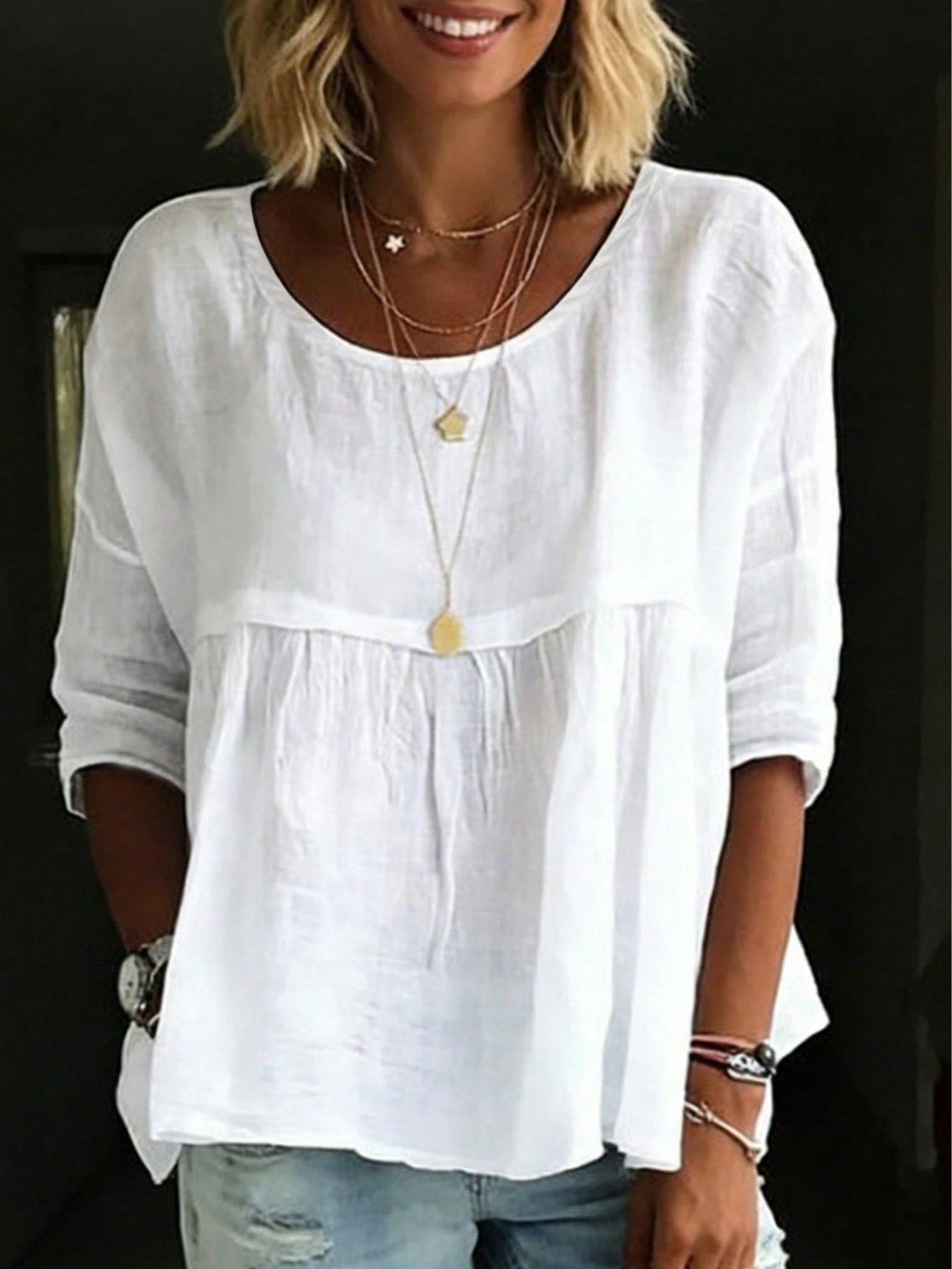 Plus Size Women's Solid Color Ruffle Blouse White Shirt For Daily Wear