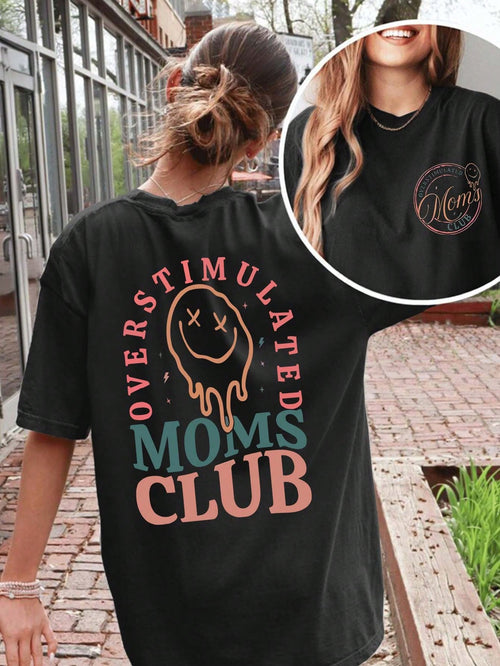 Plus Size Women's Summer Casual Plus Size Graphic Tee, Mom Club Pattern Print Round Neck Short Sleeve T-Shirt, Mom Birthday Graphic Tee, Funny Mom Print Summer Top, Face Letter Print Summer Blouse Bla