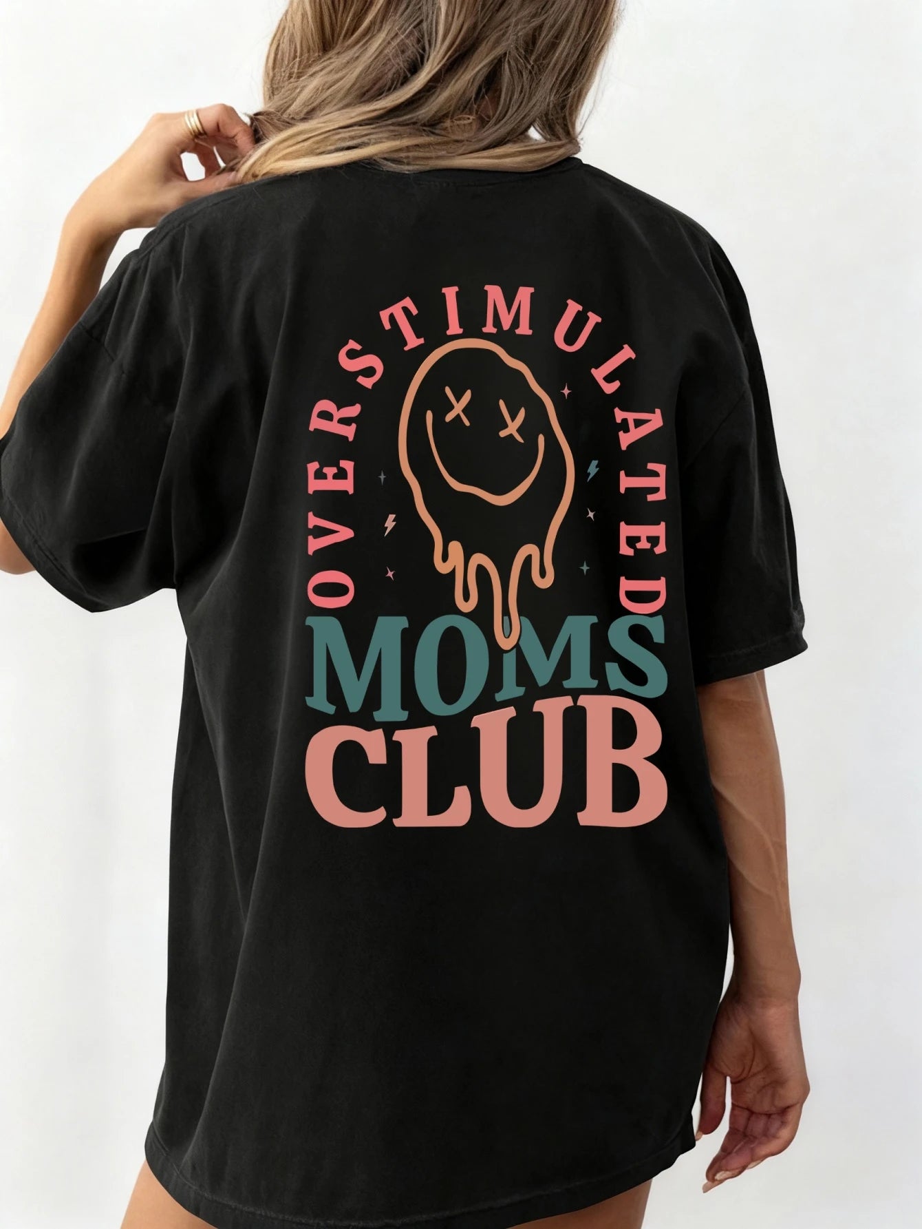Plus Size Women's Summer Casual Plus Size Graphic Tee, Mom Club Pattern Print Round Neck Short Sleeve T-Shirt, Mom Birthday Graphic Tee, Funny Mom Print Summer Top, Face Letter Print Summer Blouse Bla