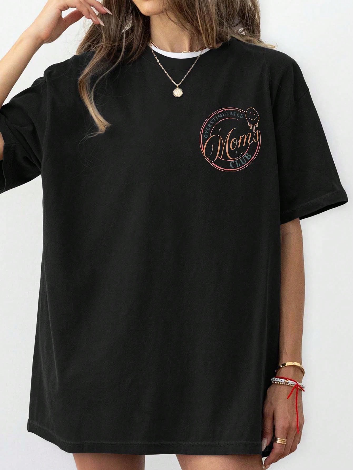 Plus Size Women's Summer Casual Plus Size Graphic Tee, Mom Club Pattern Print Round Neck Short Sleeve T-Shirt, Mom Birthday Graphic Tee, Funny Mom Print Summer Top, Face Letter Print Summer Blouse Bla