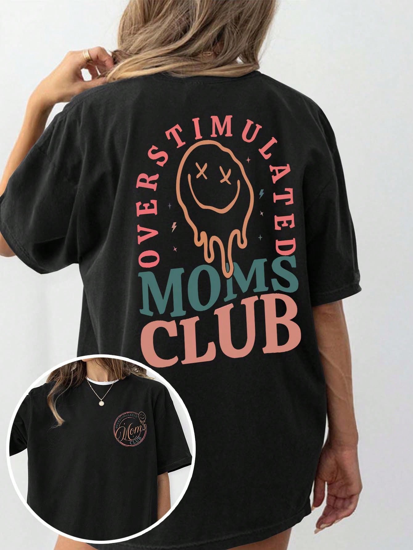 Plus Size Women's Summer Casual Plus Size Graphic Tee, Mom Club Pattern Print Round Neck Short Sleeve T-Shirt, Mom Birthday Graphic Tee, Funny Mom Print Summer Top, Face Letter Print Summer Blouse Bla