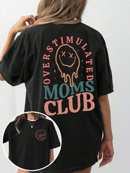 Plus Size Women's Summer Casual Plus Size Graphic Tee, Mom Club Pattern Print Round Neck Short Sleeve T-Shirt, Mom Birthday Graphic Tee, Funny Mom Print Summer Top, Face Letter Print Summer Blouse Bla