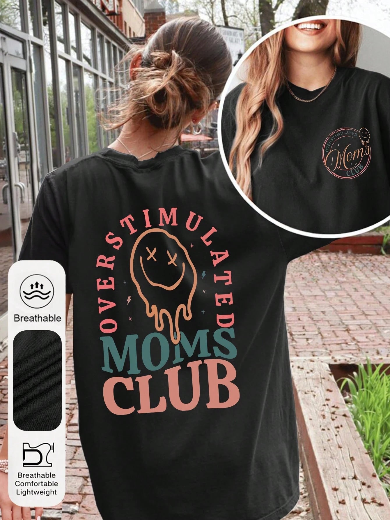 Plus Size Women's Summer Casual Plus Size Graphic Tee, Mom Club Pattern Print Round Neck Short Sleeve T-Shirt, Mom Birthday Graphic Tee, Funny Mom Print Summer Top, Face Letter Print Summer Blouse Bla
