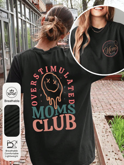 Plus Size Women's Summer Casual Plus Size Graphic Tee, Mom Club Pattern Print Round Neck Short Sleeve T-Shirt, Mom Birthday Graphic Tee, Funny Mom Print Summer Top, Face Letter Print Summer Blouse Bla
