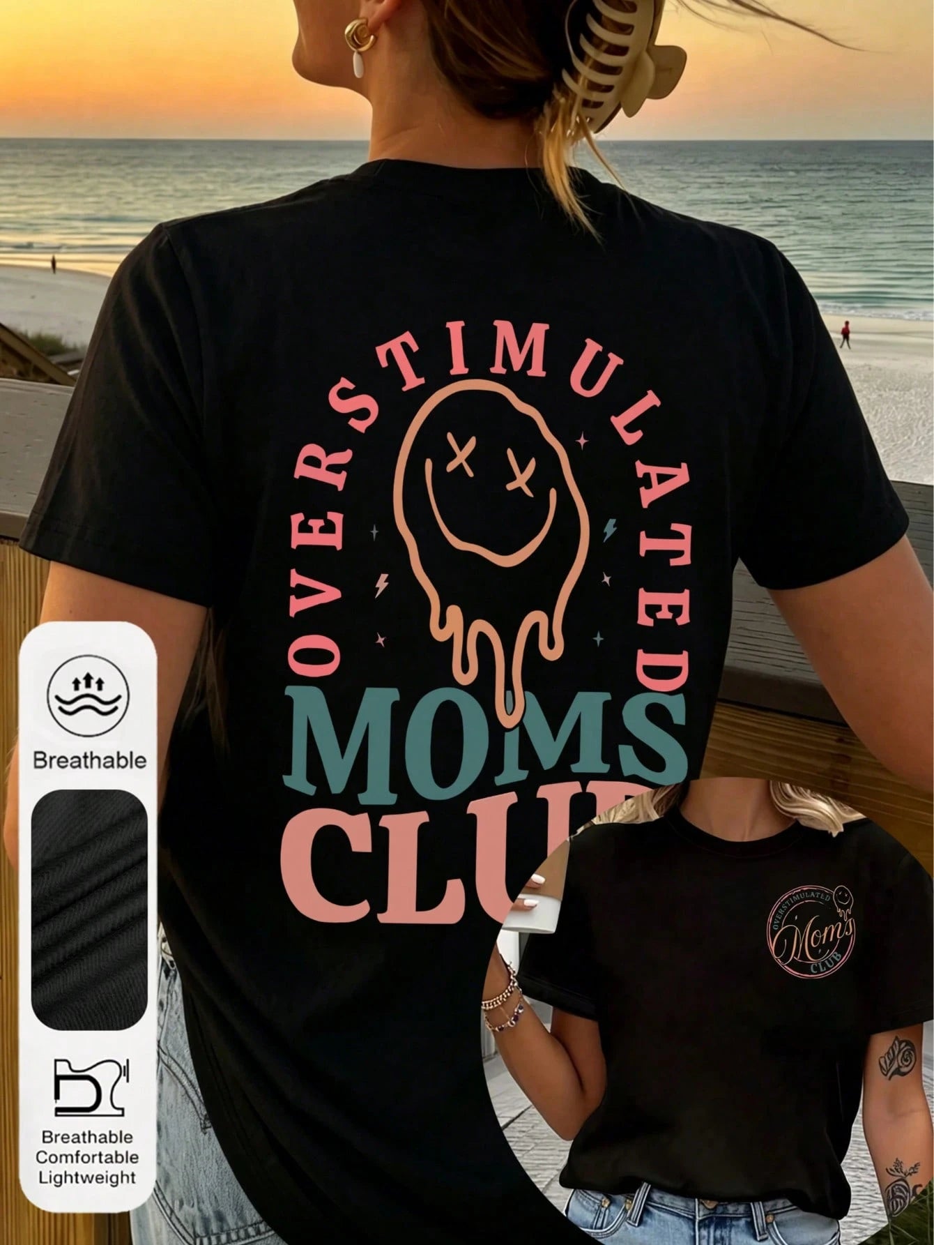 Plus Size Women's Summer Casual Plus Size Graphic Tee, Mom Club Pattern Print Round Neck Short Sleeve T-Shirt, Mom Birthday Graphic Tee, Funny Mom Print Summer Top, Face Letter Print Summer Blouse Bla