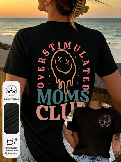 Plus Size Women's Summer Casual Plus Size Graphic Tee, Mom Club Pattern Print Round Neck Short Sleeve T-Shirt, Mom Birthday Graphic Tee, Funny Mom Print Summer Top, Face Letter Print Summer Blouse Bla