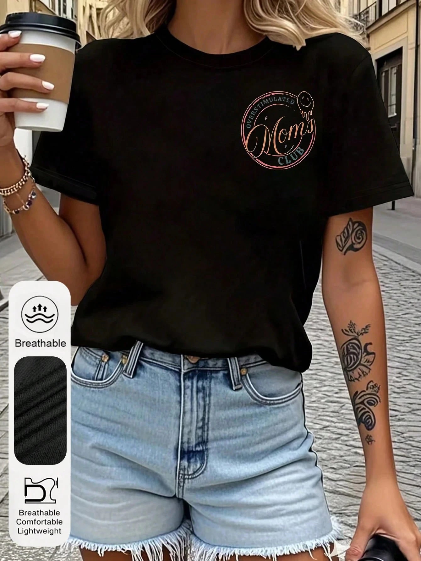 Plus Size Women's Summer Casual Plus Size Graphic Tee, Mom Club Pattern Print Round Neck Short Sleeve T-Shirt, Mom Birthday Graphic Tee, Funny Mom Print Summer Top, Face Letter Print Summer Blouse Bla