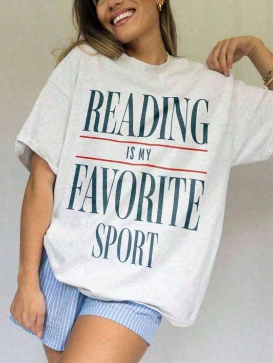 Plus-Size Women's T-Shirt- Vintage 'Reading Is My Favorite Sport' Tee, Loose Classic Thick Cotton With Print, Casual Summer Everyday Wear