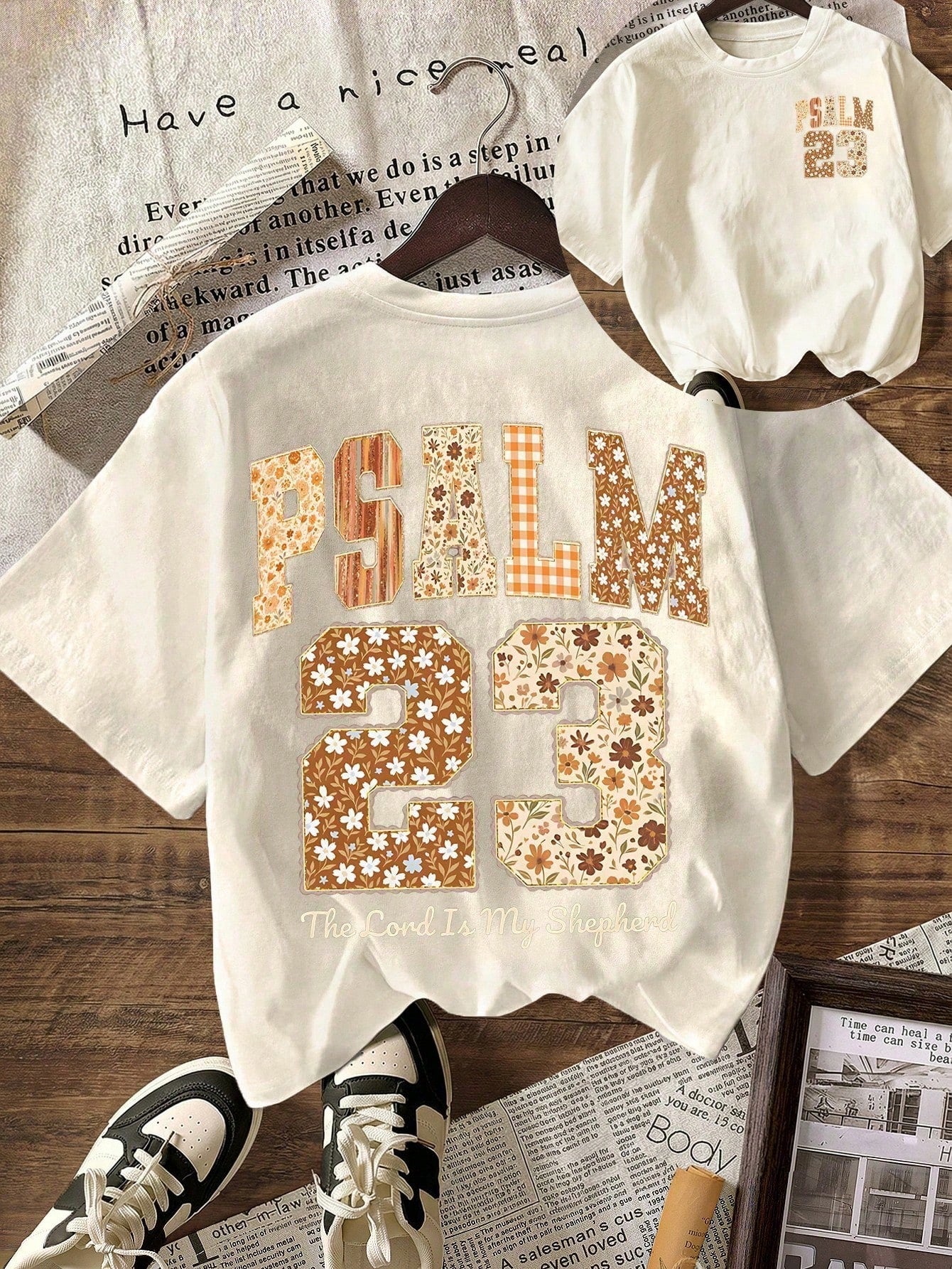 Plus Size Women Summer Womens Casual Round Neck Short Sleeve T-Shirt With Psalm 23 "The Lord Is My Shepherd" Bible Verse Graphic, Vintage Faith