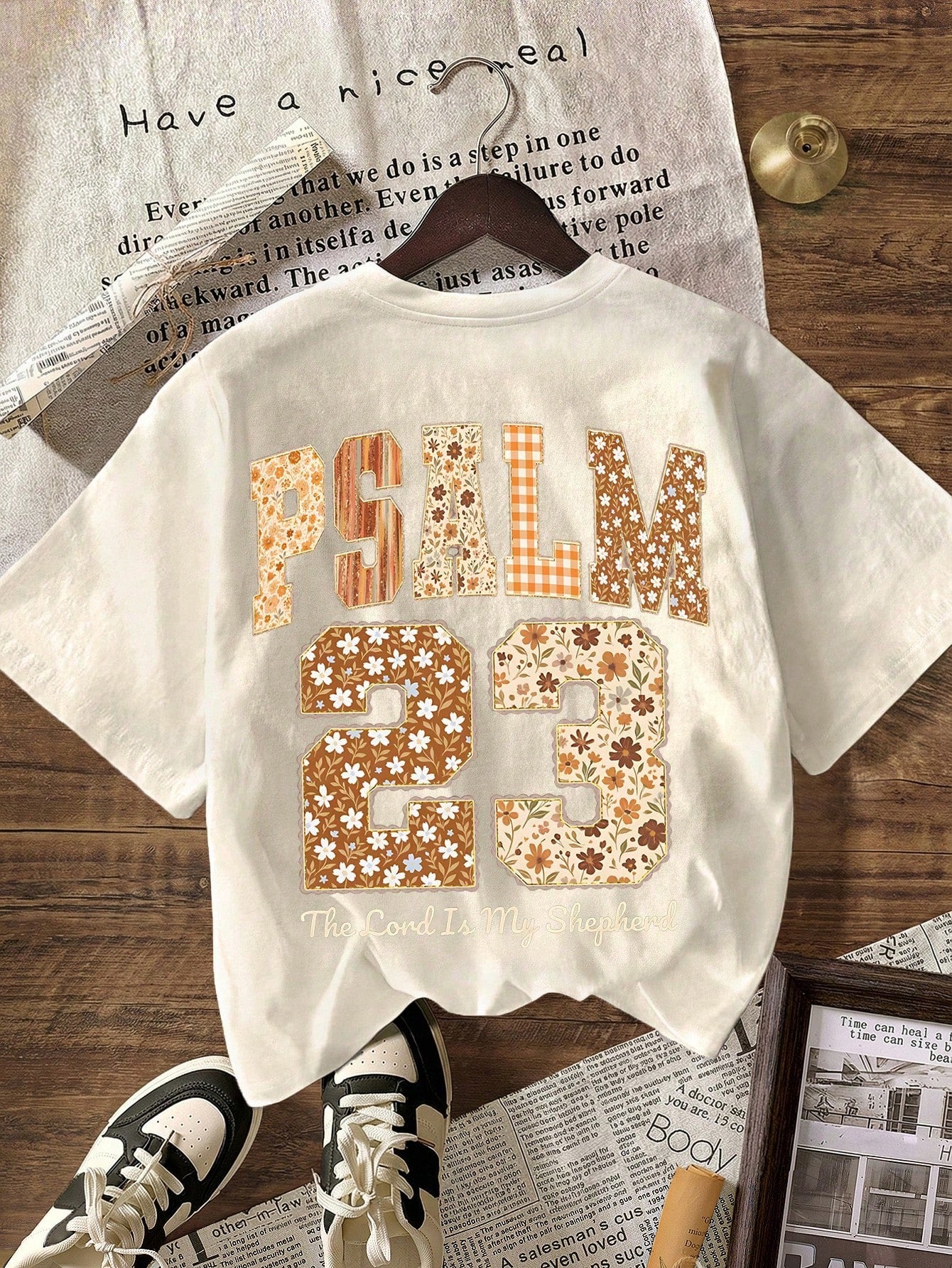 Plus Size Women Summer Womens Casual Round Neck Short Sleeve T-Shirt With Psalm 23 "The Lord Is My Shepherd" Bible Verse Graphic, Vintage Faith