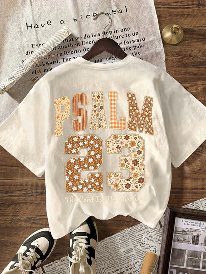 Plus Size Women Summer Womens Casual Round Neck Short Sleeve T-Shirt With Psalm 23 "The Lord Is My Shepherd" Bible Verse Graphic, Vintage Faith