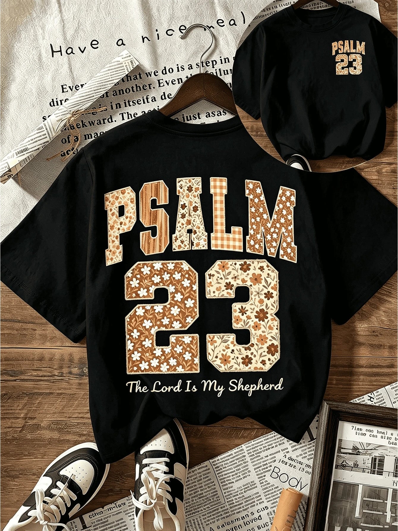Plus Size Women Summer Womens Casual Round Neck Short Sleeve T-Shirt With Psalm 23 "The Lord Is My Shepherd" Bible Verse Graphic, Vintage Faith