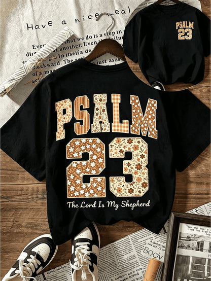 Plus Size Women Summer Womens Casual Round Neck Short Sleeve T-Shirt With Psalm 23 "The Lord Is My Shepherd" Bible Verse Graphic, Vintage Faith