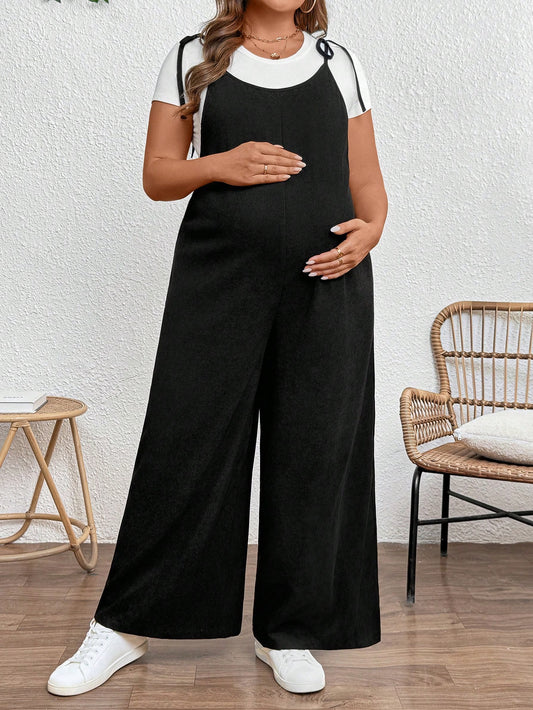 Plussiva Maternity Clothes Plus-Size Maternity Clothing Casual Summer Black Wide-Leg Jumpsuit With Shoulder Straps