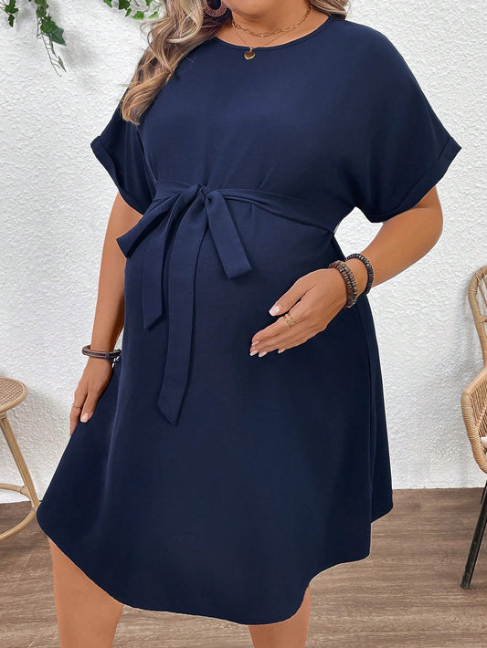Plussiva Plus Size Pregnant Women's Casual Solid Color Round Neck Short Sleeve Dress, Summer